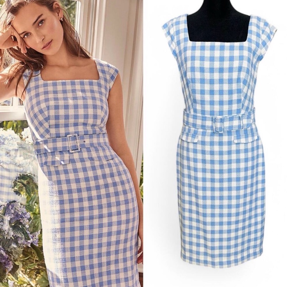 Ann Taylor Blue Gingham Belted Sheath Dress Preppy Gossip Girl Academia Spring 2